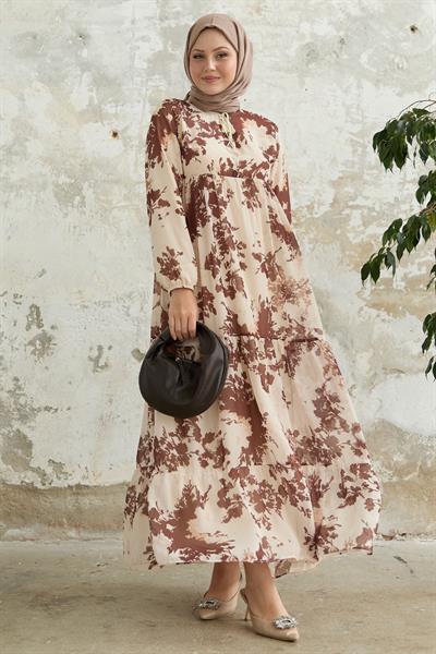 Yaprak Desen Önü Püsküllü Kahverengi Şifon Elbise