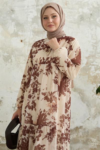 Yaprak Desen Önü Püsküllü Kahverengi Şifon Elbise