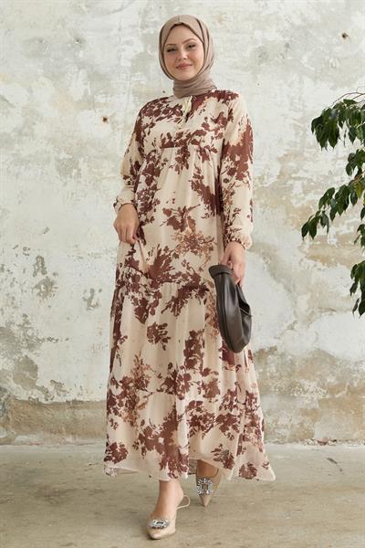 Yaprak Desen Önü Püsküllü Kahverengi Şifon Elbise