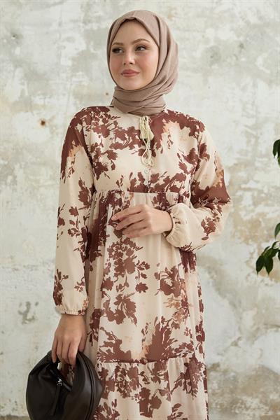 Yaprak Desen Önü Püsküllü Kahverengi Şifon Elbise