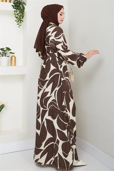 Yaprak Puantiye Desen Kahverengi Viskon Elbise