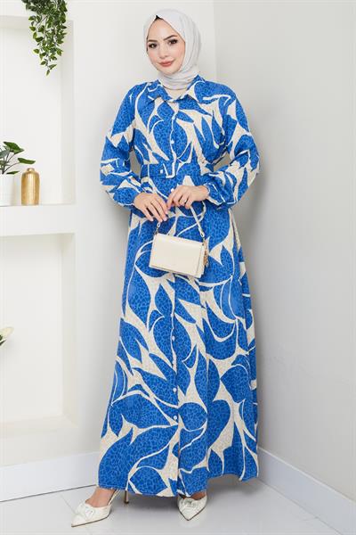 Yaprak Puantiye Desen Mavi Viskon Elbise