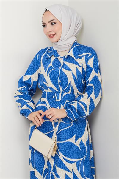 Yaprak Puantiye Desen Mavi Viskon Elbise