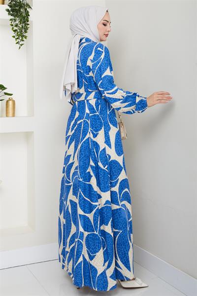 Yaprak Puantiye Desen Mavi Viskon Elbise