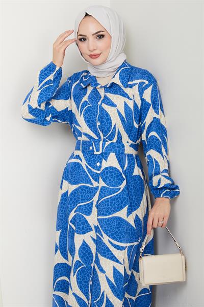 Yaprak Puantiye Desen Mavi Viskon Elbise