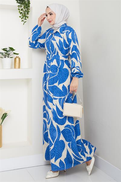Yaprak Puantiye Desen Mavi Viskon Elbise