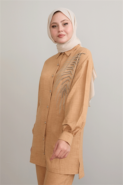 Yaprak Taş İşleme Camel Keten Takım