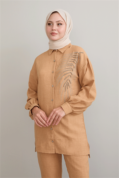 Yaprak Taş İşleme Camel Keten Takım