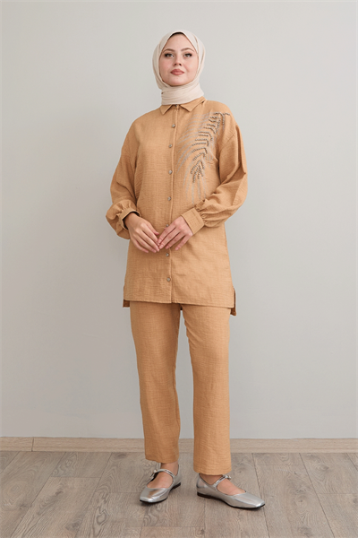 Yaprak Taş İşleme Camel Keten Takım