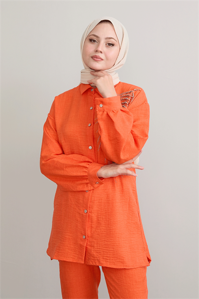 Yaprak Taş İşleme Oranj Keten Takım