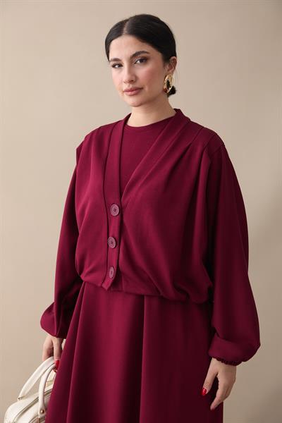 Yarasa Kol Ceketli Elbiseli Bordo Oyşo Takım
