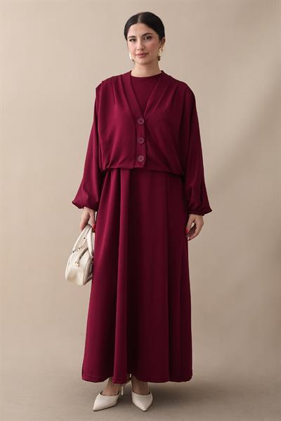 Yarasa Kol Ceketli Elbiseli Bordo Oyşo Takım