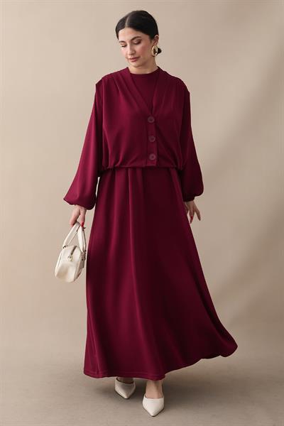 Yarasa Kol Ceketli Elbiseli Bordo Oyşo Takım