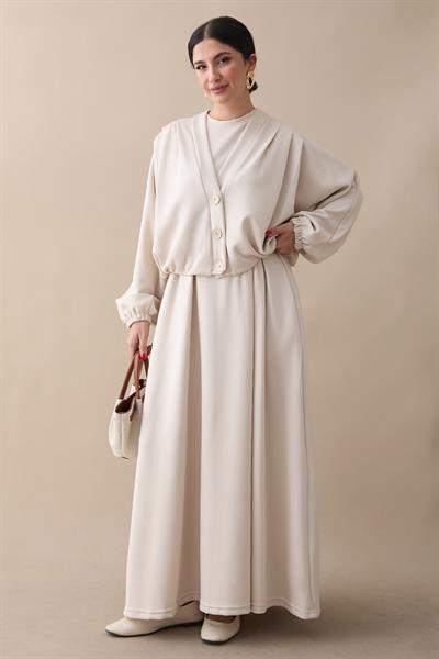 Yarasa Kol Ceketli Elbiseli Ekru Oyşo Takım