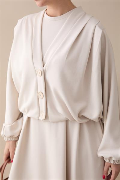 Yarasa Kol Ceketli Elbiseli Ekru Oyşo Takım