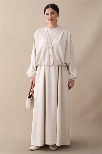 Yarasa Kol Ceketli Elbiseli Ekru Oyşo Takım