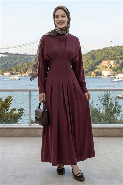 Yarasa Kol Kuşaklı Bordo Elbise