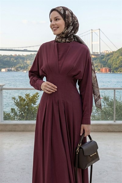 Yarasa Kol Kuşaklı Bordo Elbise