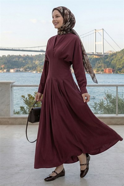Yarasa Kol Kuşaklı Bordo Elbise