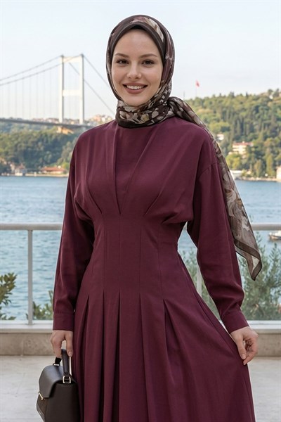 Yarasa Kol Kuşaklı Bordo Elbise