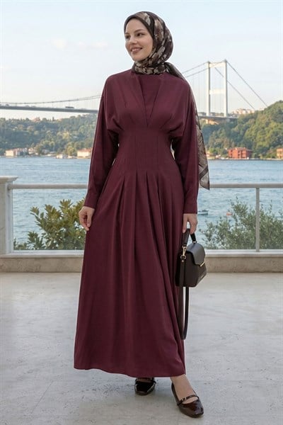 Yarasa Kol Kuşaklı Bordo Elbise