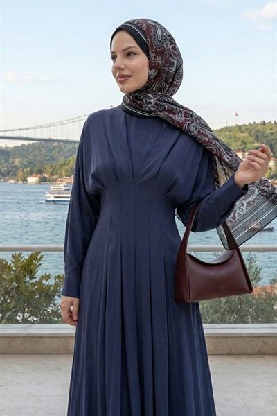 Yarasa Kol Kuşaklı Lacivert Elbise