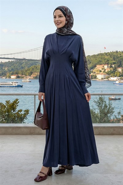 Yarasa Kol Kuşaklı Lacivert Elbise