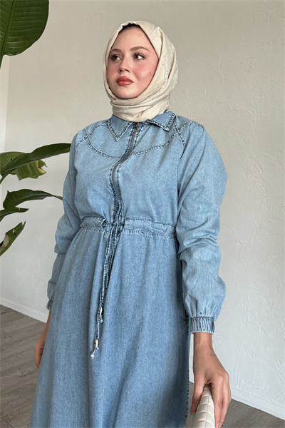 Yarı Fermuarlı Tünel Kemer Mavi Kot Elbise