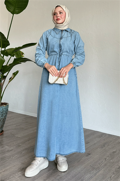 Yarı Fermuarlı Tünel Kemer Mavi Kot Elbise