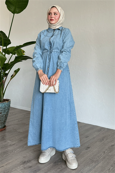 Yarı Fermuarlı Tünel Kemer Mavi Kot Elbise