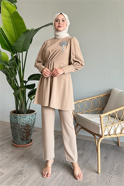 Half Gathered Beige Two-Piece Set