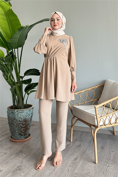 Half Gathered Beige Two-Piece Set