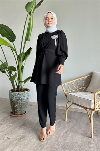 Yarım Büzgülü Siyah İkili Takım