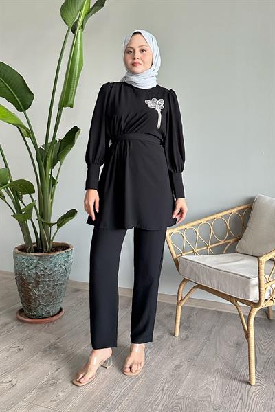 Yarım Büzgülü Siyah İkili Takım