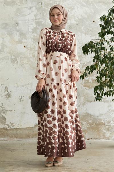 Yarım Düğmeli Kahverengi Saten Elbise