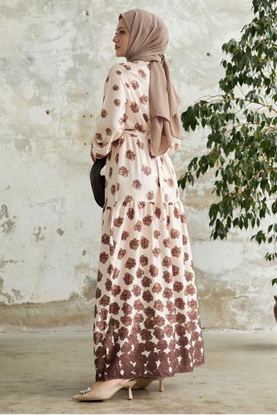 Yarım Düğmeli Kahverengi Saten Elbise