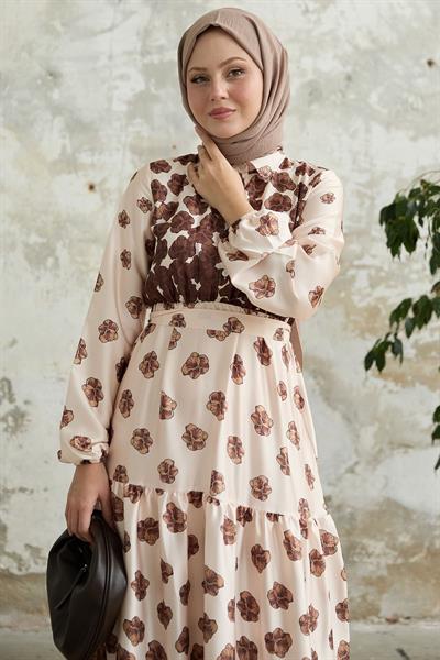 Yarım Düğmeli Kahverengi Saten Elbise