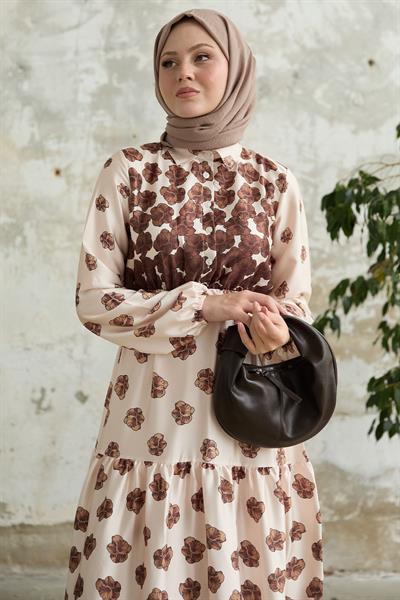 Yarım Düğmeli Kahverengi Saten Elbise