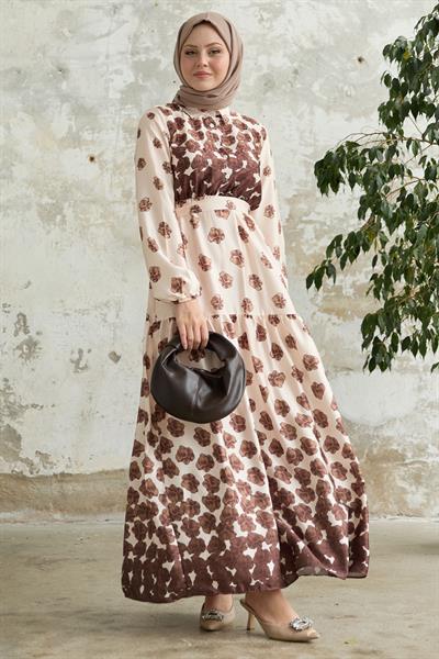 Yarım Düğmeli Kahverengi Saten Elbise