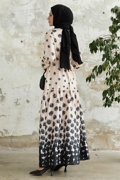 Yarım Düğmeli Siyah Saten Elbise