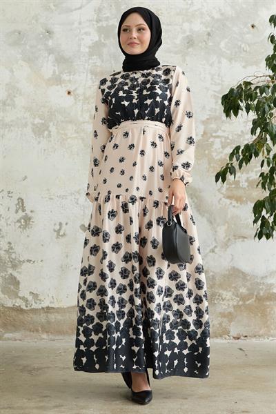 Yarım Düğmeli Siyah Saten Elbise