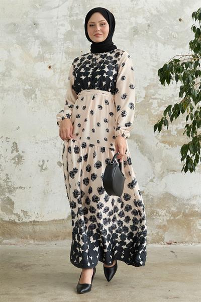 Yarım Düğmeli Siyah Saten Elbise