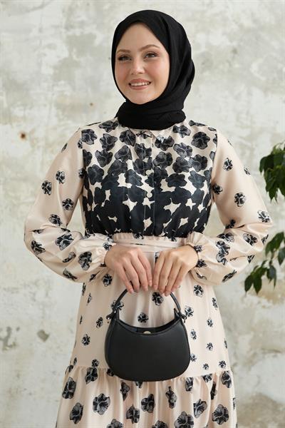 Yarım Düğmeli Siyah Saten Elbise