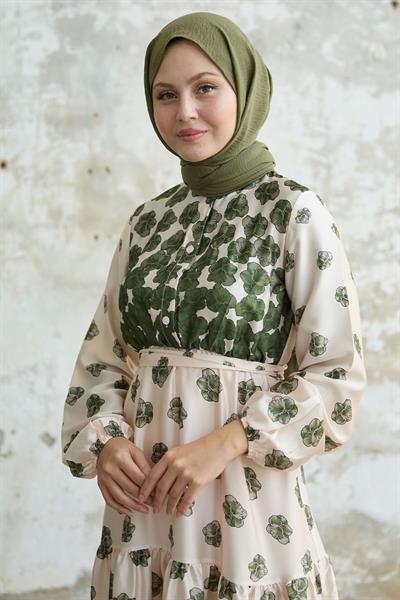 Yarım Düğmeli Yeşil Saten Elbise