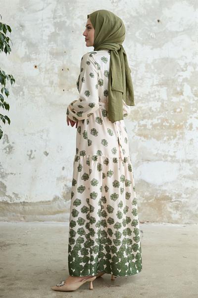 Yarım Düğmeli Yeşil Saten Elbise