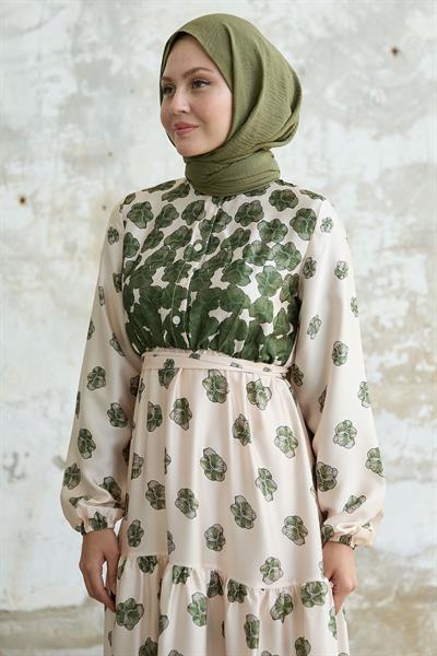 Yarım Düğmeli Yeşil Saten Elbise