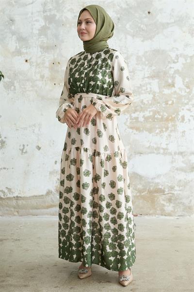 Yarım Düğmeli Yeşil Saten Elbise