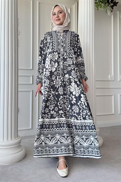 Yasemin Çiçekli Antrasit Viskon Elbise