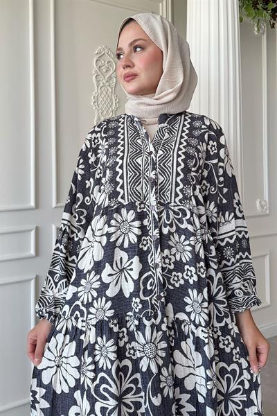 Yasemin Çiçekli Antrasit Viskon Elbise