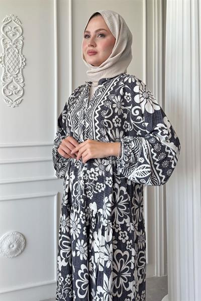 Yasemin Çiçekli Antrasit Viskon Elbise
